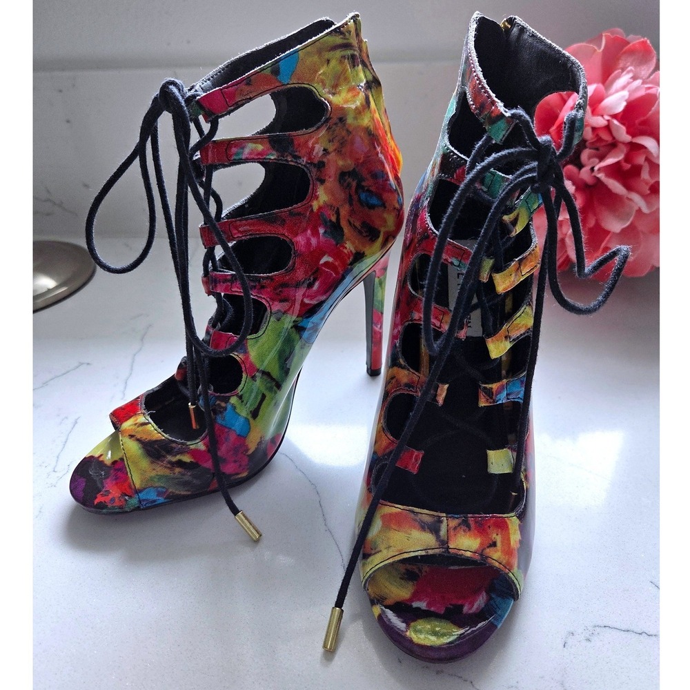 Steve Madden Cythiaa Floral Patent Lace Up Stiletto Booties Multi Color Size 7